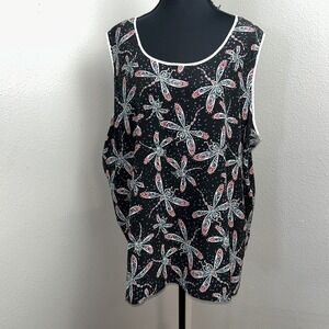 Bob‎ Mackie Wearable Art Tank Top Women's 2X Black All Over Print Dragonfly Silk